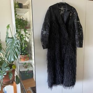 Ganni black faux feather and lace coat